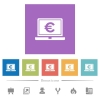Laptop with Euro sign flat white icons in square backgrounds. 6 bonus icons included. - Laptop with Euro sign flat white icons in square backgrounds