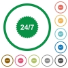 24 hours seven sticker flat icons with outlines - 24 hours seven sticker flat color icons in round outlines on white background