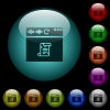 Browser running script icons in color illuminated spherical glass buttons on black background. Can be used to black or dark templates - Browser running script icons in color illuminated glass buttons