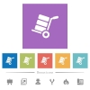 Hand truck with boxes flat white icons in square backgrounds. 6 bonus icons included. - Hand truck with boxes flat white icons in square backgrounds