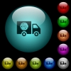 Pizza delivery truck icons in color illuminated glass buttons - Pizza delivery truck icons in color illuminated spherical glass buttons on black background. Can be used to black or dark templates