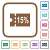 15 percent discount coupon simple icons in color rounded square frames on white background - 15 percent discount coupon simple icons