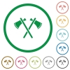 Two tomahawks flat icons with outlines - Two tomahawks flat color icons in round outlines on white background