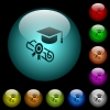 Graduation ceremony icons in color illuminated glass buttons - Graduation ceremony icons in color illuminated spherical glass buttons on black background. Can be used to black or dark templates