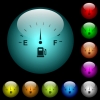 Fuel indicator icons in color illuminated spherical glass buttons on black background. Can be used to black or dark templates - Fuel indicator icons in color illuminated glass buttons