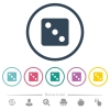 Dice three flat color icons in round outlines. 6 bonus icons included. - Dice three flat color icons in round outlines