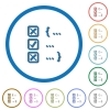 Source code checking icons with shadows and outlines - Source code checking flat color vector icons with shadows in round outlines on white background