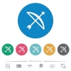 Bow with arrow flat white icons on round color backgrounds. 6 bonus icons included. - Bow with arrow flat round icons