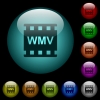 WMV movie format icons in color illuminated spherical glass buttons on black background. Can be used to black or dark templates - WMV movie format icons in color illuminated glass buttons