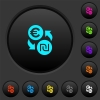 Euro new Shekel money exchange dark push buttons with vivid color icons on dark grey background - Euro new Shekel money exchange dark push buttons with color icons