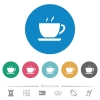 Cup of coffee flat white icons on round color backgrounds. 6 bonus icons included. - Cup of coffee flat round icons