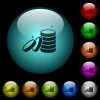 Stack of treasure icons in color illuminated spherical glass buttons on black background. Can be used to black or dark templates - Stack of treasure icons in color illuminated glass buttons