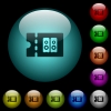 Hi-fi shop discount coupon icons in color illuminated glass buttons - Hi-fi shop discount coupon icons in color illuminated spherical glass buttons on black background. Can be used to black or dark templates