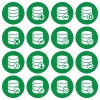 Set of 16 white flat database management icons on round green backgrounds - Set of 16 database management icons