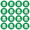 Set of 16 white flat database management icons on round green backgrounds - Set of 16 database management icons