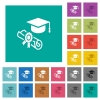 Graduation ceremony multi colored flat icons on plain square backgrounds. Included white and darker icon variations for hover or active effects. - Graduation ceremony square flat multi colored icons