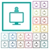 Monitor with webcam flat color icons with quadrant frames - Monitor with webcam flat color icons with quadrant frames on white background