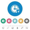 Audio CD flat white icons on round color backgrounds. 6 bonus icons included. - Audio CD flat round icons