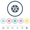 Ruble casino chip flat color icons in round outlines. 6 bonus icons included. - Ruble casino chip flat color icons in round outlines