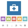 First aid kit flat white icons in square backgrounds. 6 bonus icons included. - First aid kit flat white icons in square backgrounds