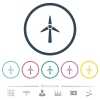 Wind turbine flat color icons in round outlines. 6 bonus icons included. - Wind turbine flat color icons in round outlines