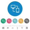 Syncronize mobile with computer flat white icons on round color backgrounds. 6 bonus icons included. - Syncronize mobile with computer flat round icons