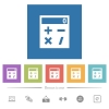 Pocket calculator flat white icons in square backgrounds. 6 bonus icons included. - Pocket calculator flat white icons in square backgrounds