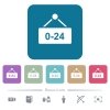 Hanging table with 24 hours flat icons on color rounded square backgrounds - Hanging table with 24 hours white flat icons on color rounded square backgrounds. 6 bonus icons included