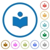 Library flat color vector icons with shadows in round outlines on white background - Library icons with shadows and outlines