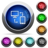 Syncronize mobile with computer icons in round glossy buttons with steel frames - Syncronize mobile with computer round glossy buttons