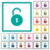 Unlocked round padlock with keyhole flat color icons with quadrant frames on white background - Unlocked round padlock with keyhole flat color icons with quadrant frames