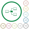 Network file system flat icons with outlines - Network file system flat color icons in round outlines on white background