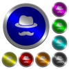 Incognito with mustache luminous coin-like round color buttons - Incognito with mustache icons on round luminous coin-like color steel buttons