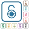 Unlocked round combination lock simple icons in color rounded square frames on white background - Unlocked round combination lock simple icons