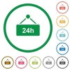 Hanging table with 24 hours flat icons with outlines - Hanging table with 24 hours flat color icons in round outlines on white background
