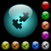 Cooperation icons in color illuminated glass buttons - Cooperation icons in color illuminated spherical glass buttons on black background. Can be used to black or dark templates