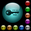 256 bit rsa encryption icons in color illuminated glass buttons - 256 bit rsa encryption icons in color illuminated spherical glass buttons on black background. Can be used to black or dark templates