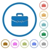 Satchel with two buckles icons with shadows and outlines - Satchel with two buckles flat color vector icons with shadows in round outlines on white background