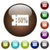 50 percent discount coupon color glass buttons - 50 percent discount coupon white icons on round color glass buttons