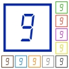 digital number nine of seven segment type flat color icons in square frames on white background - digital number nine of seven segment type flat framed icons