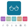 Eyeglasses white flat icons on color rounded square backgrounds. 6 bonus icons included - Eyeglasses flat icons on color rounded square backgrounds