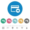 Send money with credit card flat white icons on round color backgrounds. 6 bonus icons included. - Send money with credit card flat round icons