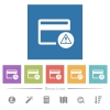 Credit card warning flat white icons in square backgrounds. 6 bonus icons included. - Credit card warning flat white icons in square backgrounds - Small thumbnail