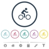 Bicycle with rider flat color icons in round outlines - Bicycle with rider flat color icons in round outlines. 6 bonus icons included.