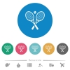 Tennis rackets with ball flat round icons - Tennis rackets with ball flat white icons on round color backgrounds. 6 bonus icons included.