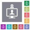 Video conference flat icons on simple color square backgrounds - Video conference square flat icons