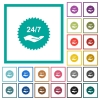 24 hours seven service sticker flat color icons with quadrant frames - 24 hours seven service sticker flat color icons with quadrant frames on white background