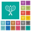 Tennis rackets with ball multi colored flat icons on plain square backgrounds. Included white and darker icon variations for hover or active effects. - Tennis rackets with ball square flat multi colored icons