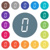 digital number zero of seven segment type flat white icons on round color backgrounds - digital number zero of seven segment type flat white icons on round color backgrounds. 17 background color variations are included.