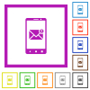 Smartphone incoming message flat framed icons - Smartphone incoming message flat color icons in square frames on white background